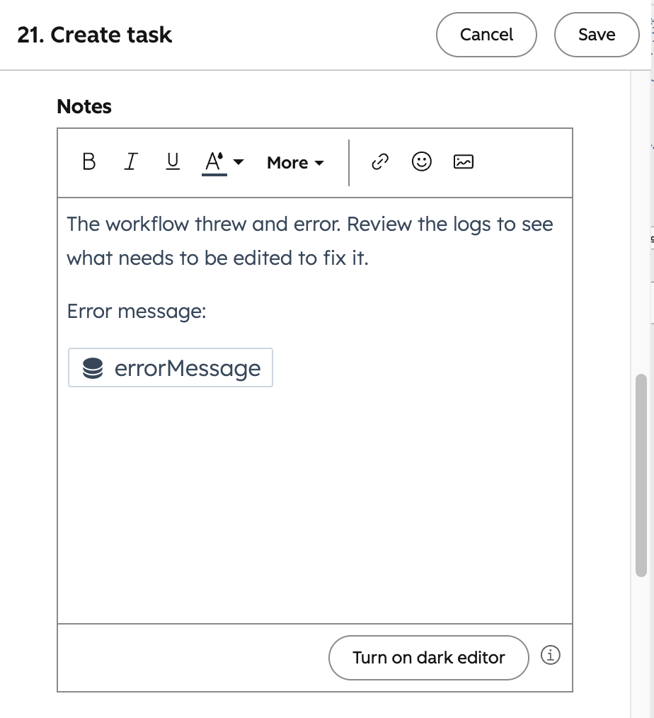 A note using the error message from a code step to help debug errors
