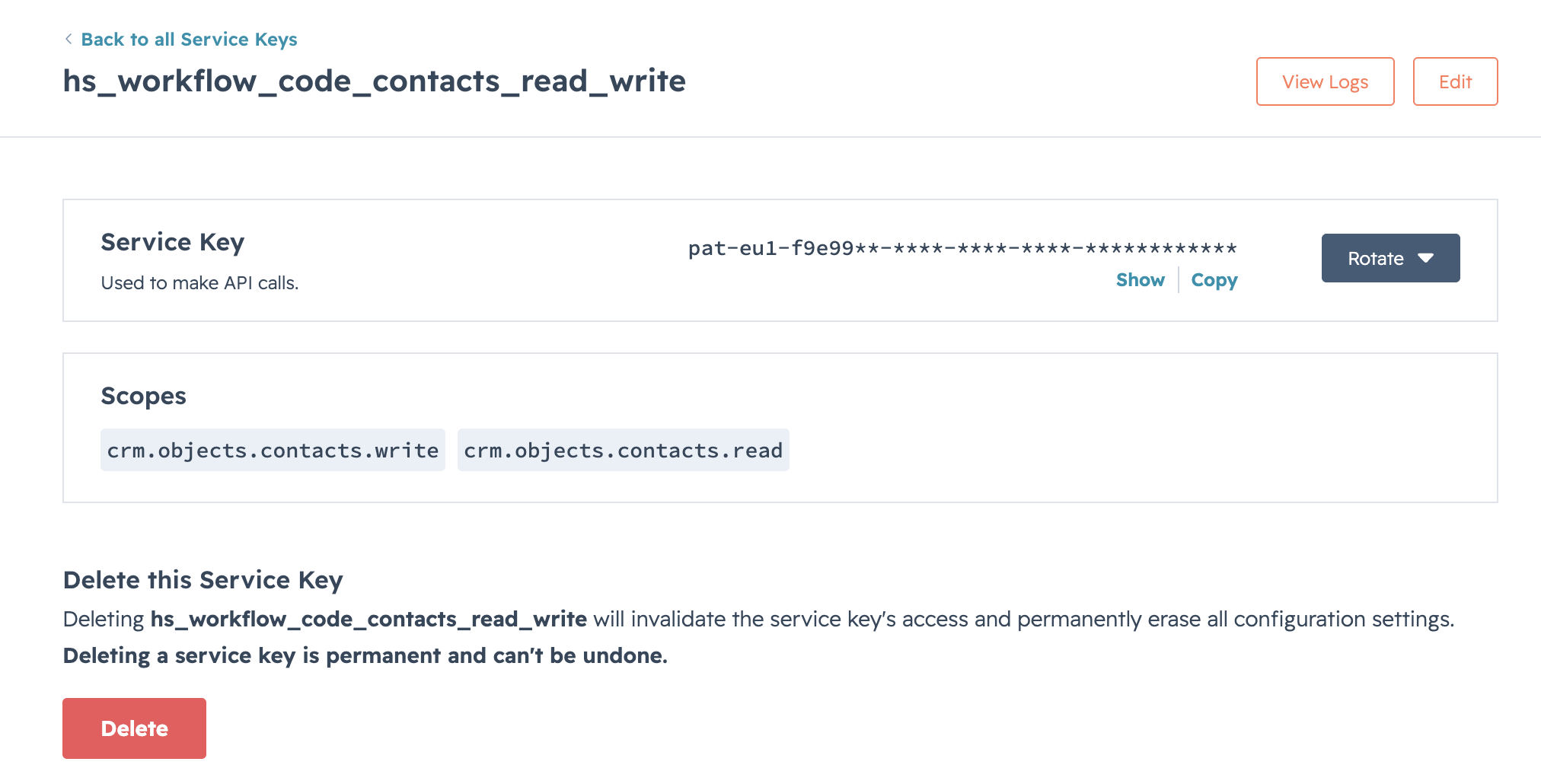 A service key in HubSpot with scope settings and API token