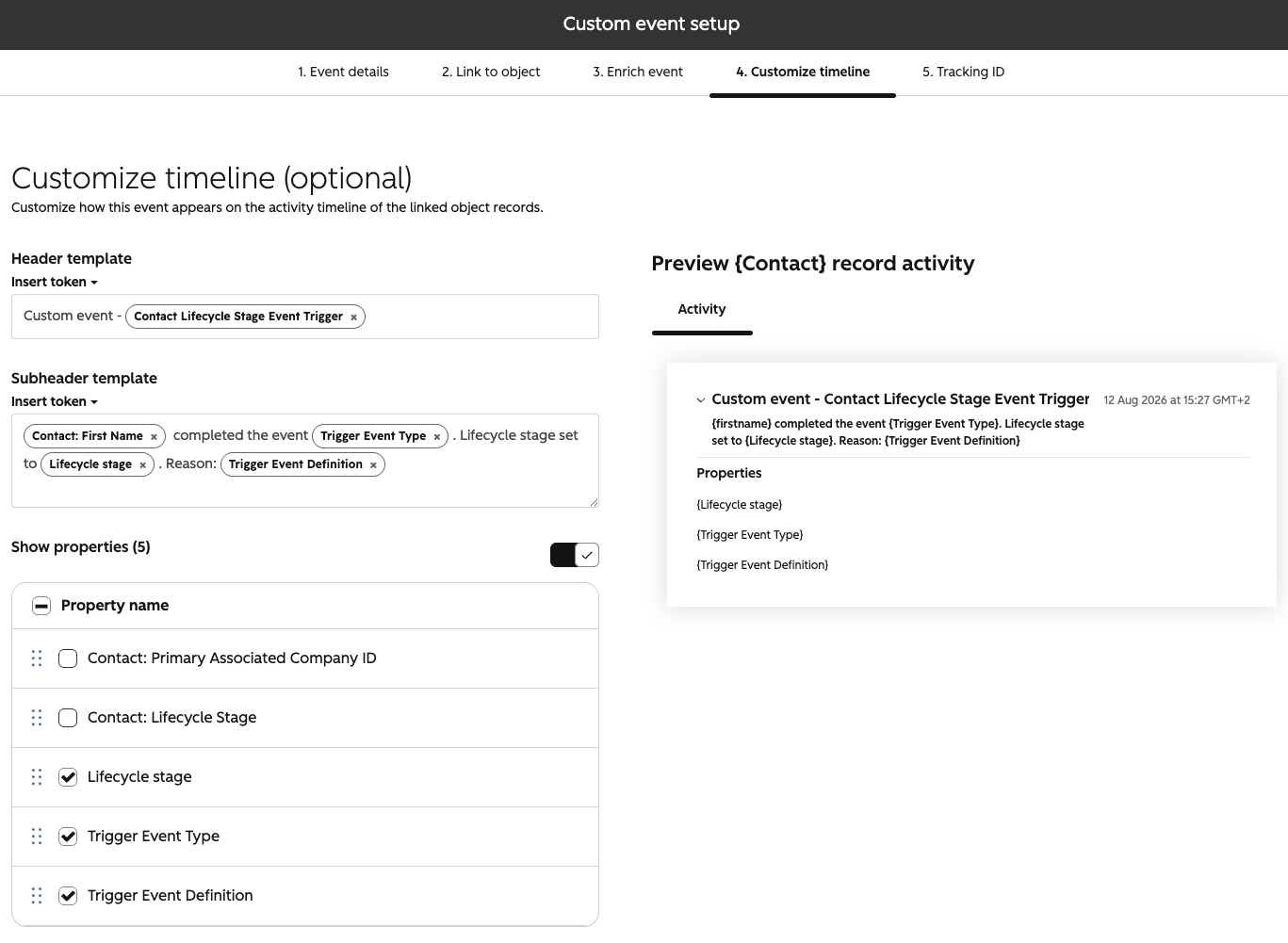 Screenshot from HubSpot's Custom Event tool