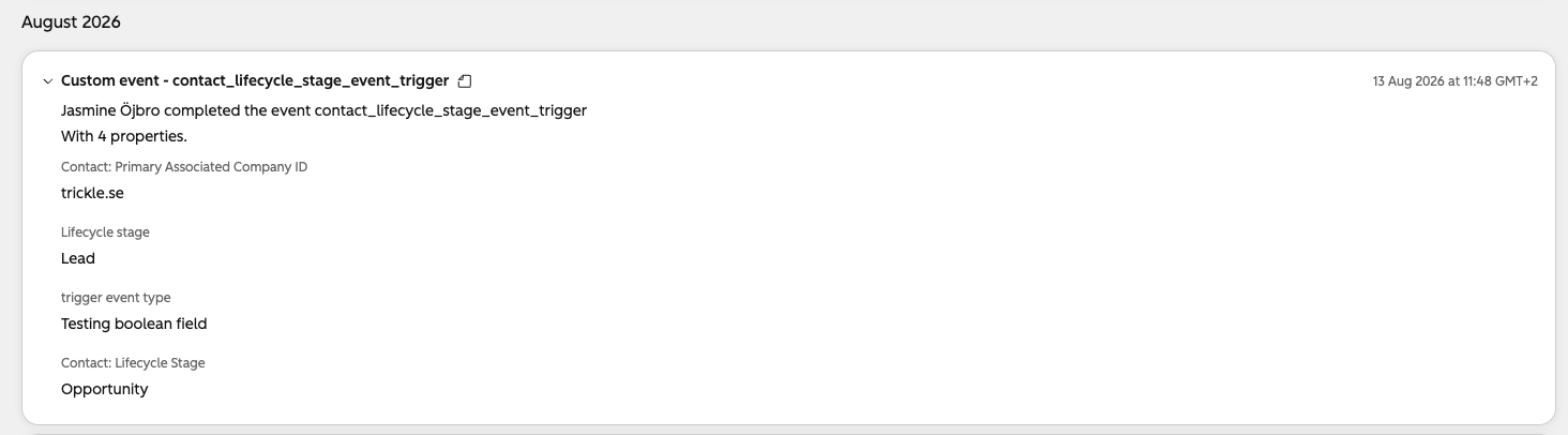 Screenshot from a contact's activity timeline showing a deleted custom event