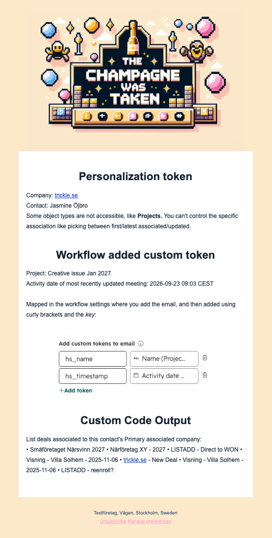 Screenshot of an automated email from HubSpot showing the custom code output as a custom token