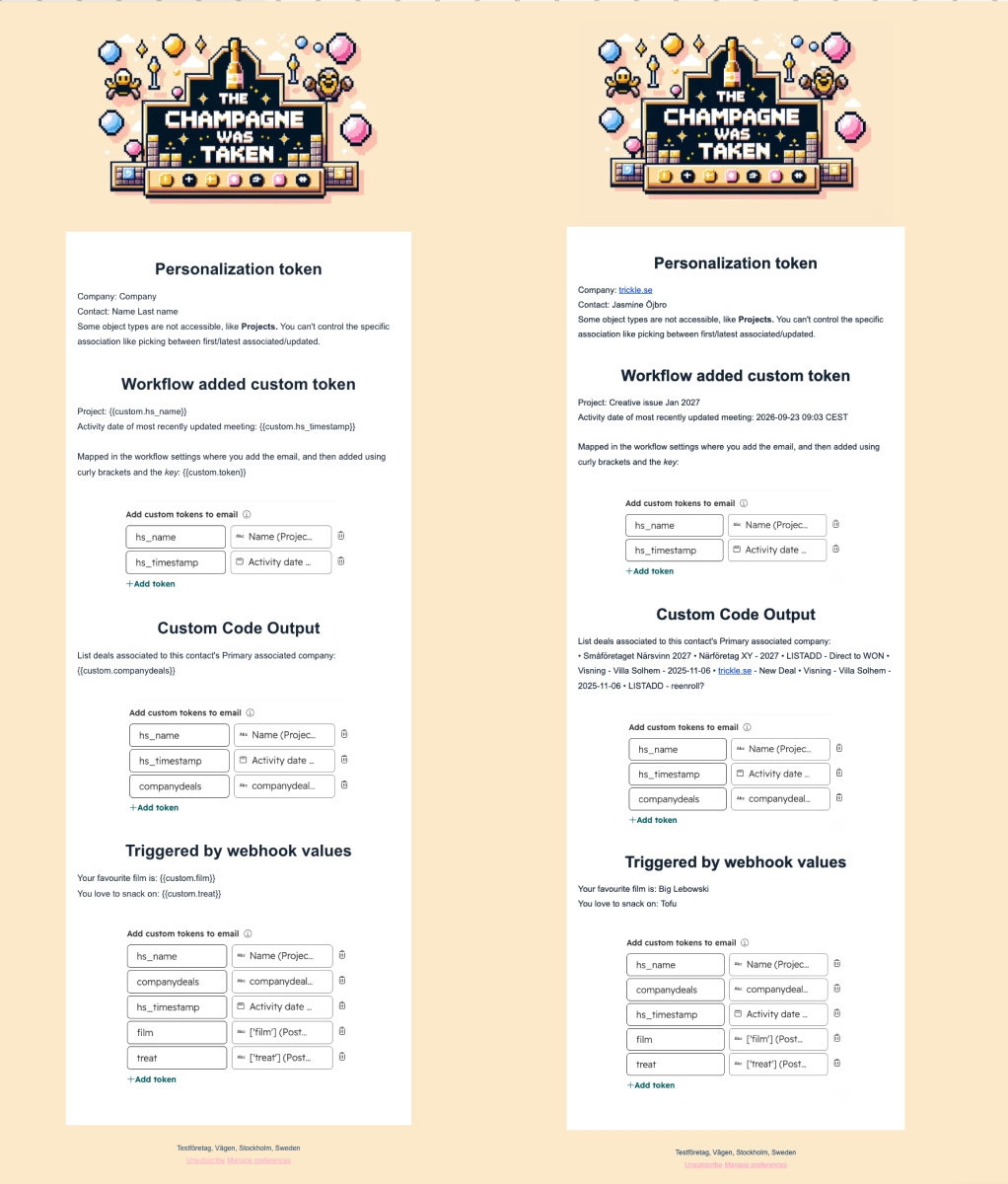 Screenshot of an automated email setting with a full range of custom tokens being pulled through