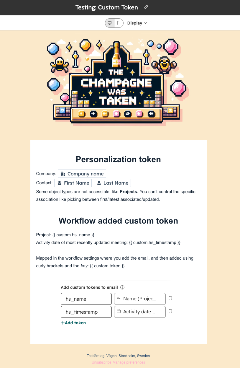 Screenshot of a HubSpot created marketing email using personalization and custom tokens