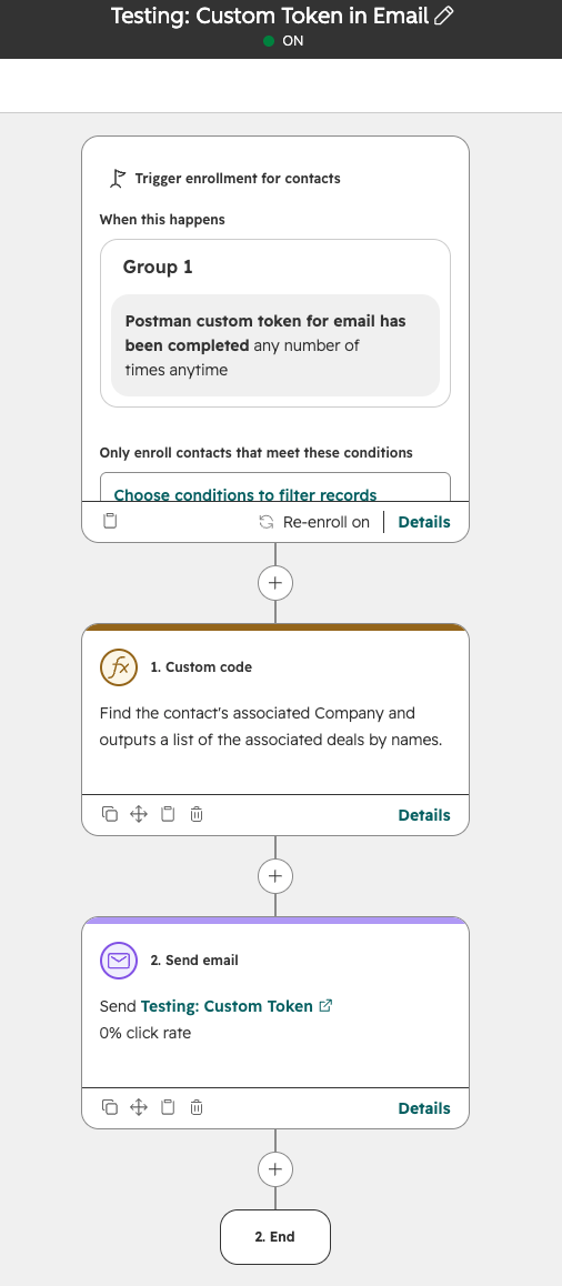 Screenshot of a workflow automation triggered by webhook with a custom code step and final action to send an email with custom tokens