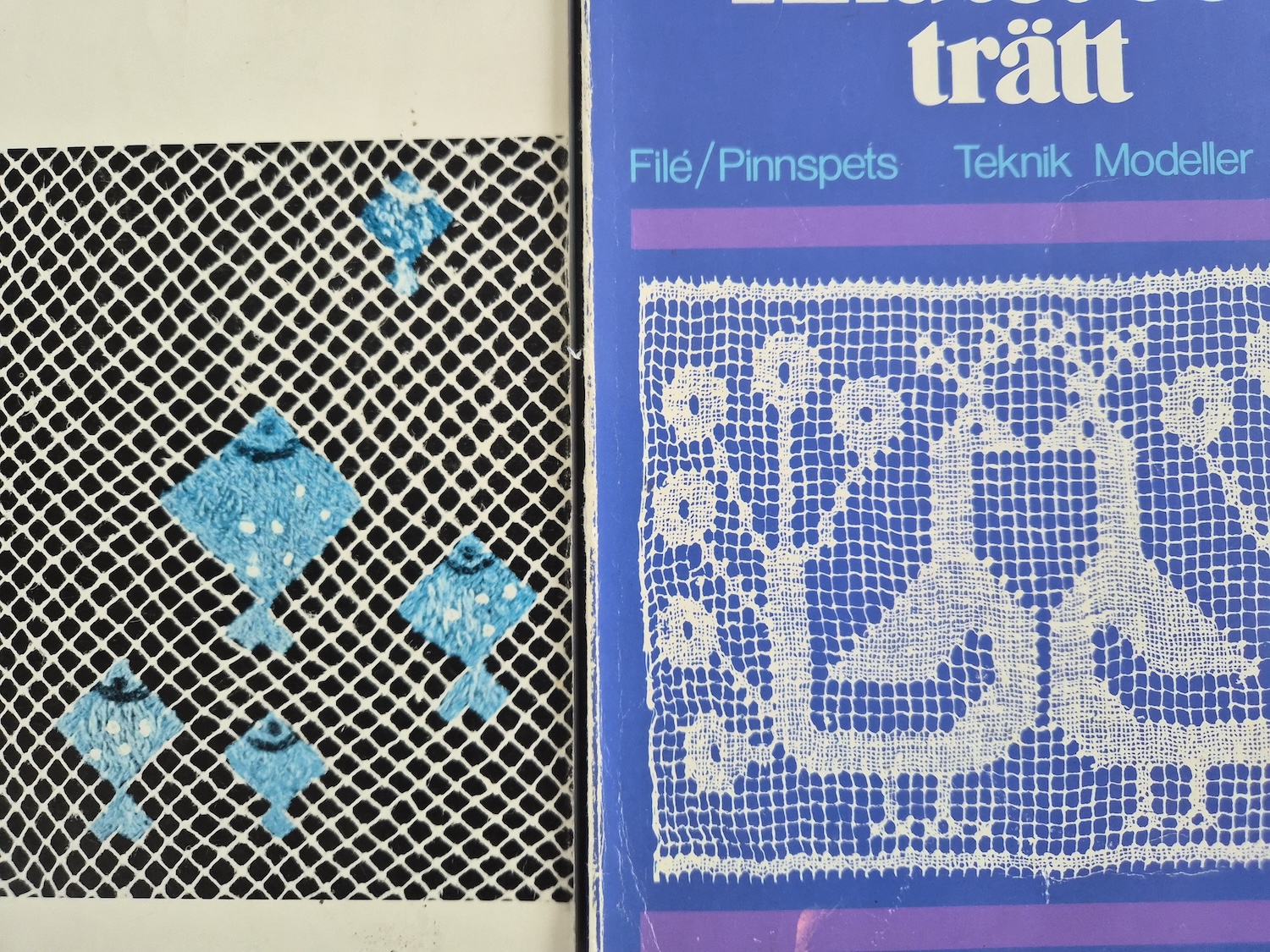 A closeup of two books with one cover showing filet lace and the other stick lace