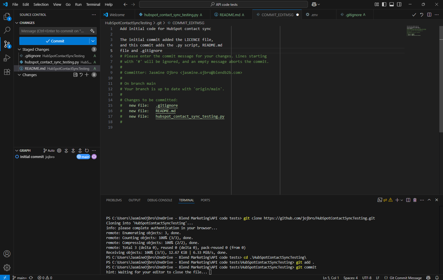 A screenshot of VS Code showing a GIT commit and adding a message before pushing the changes onto the repository.
