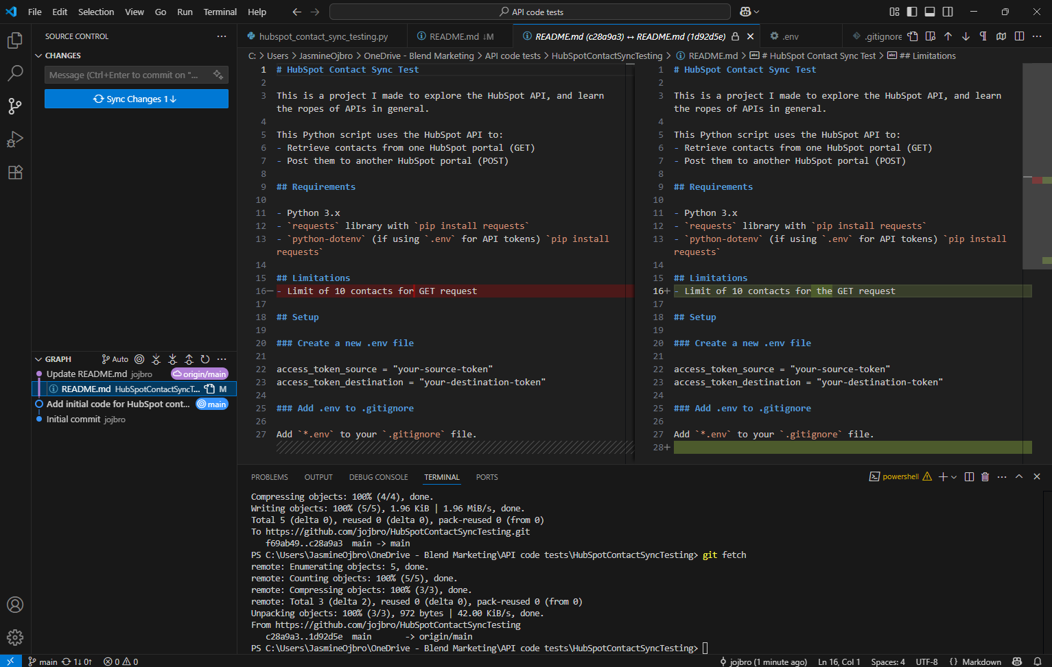A screenshot of VS Code showing a GIT fetch comparing the content of two files.