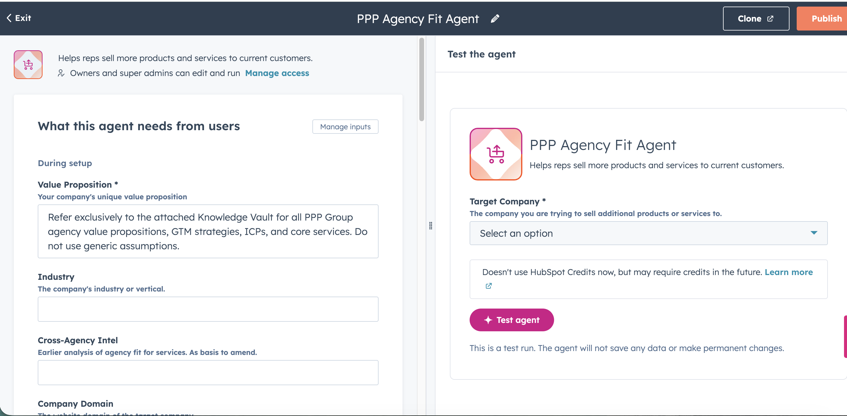 Showing the UI of the HubSpot workflow when you send a record to the agent