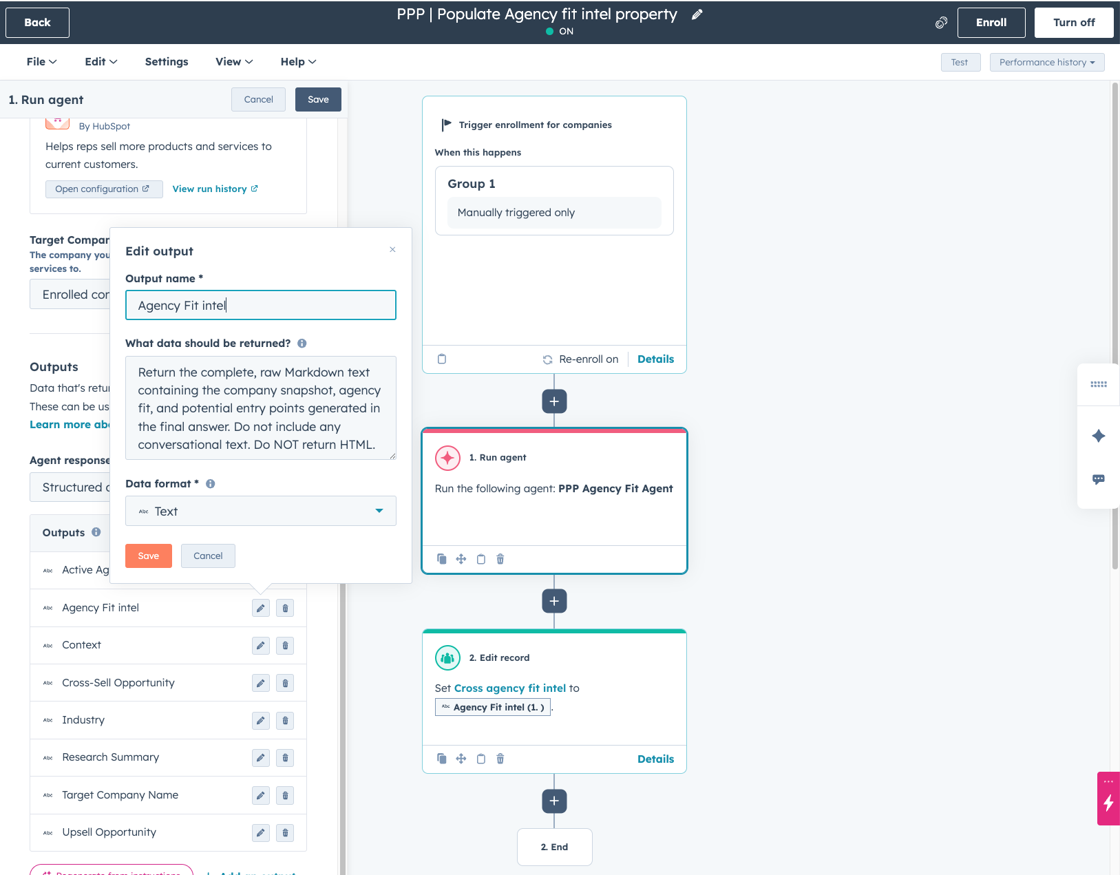 Showing the UI of the HubSpot workflow when you send a record to the agent