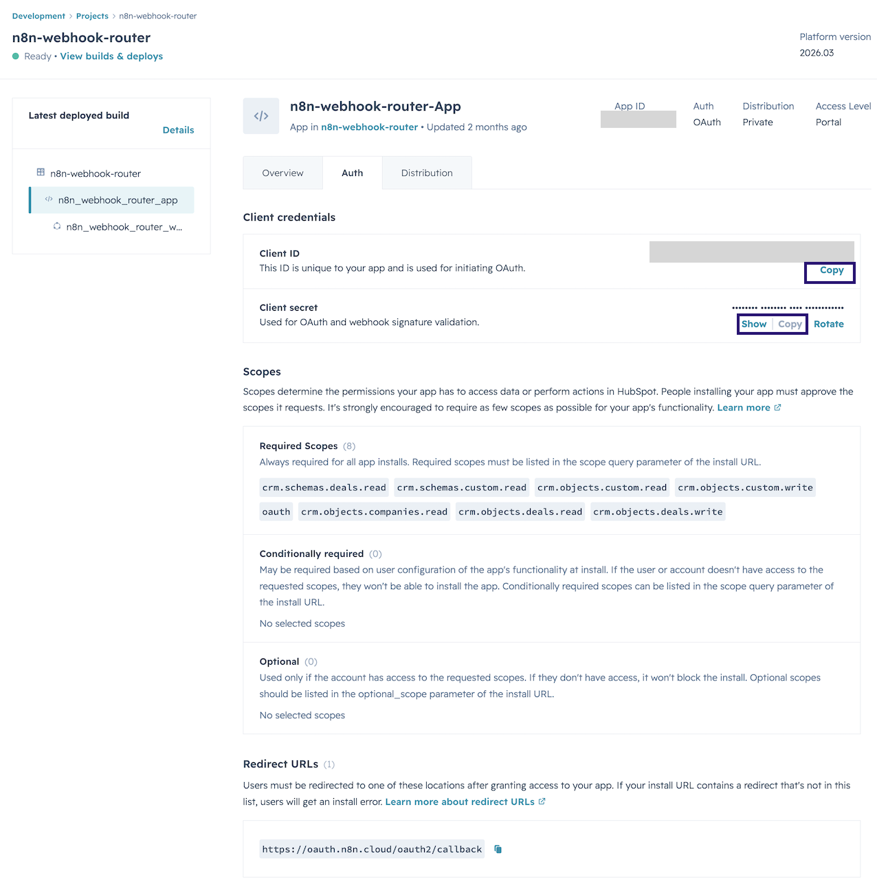 Screenshot from project settings for the oAuth app to find credentials to add to n8n