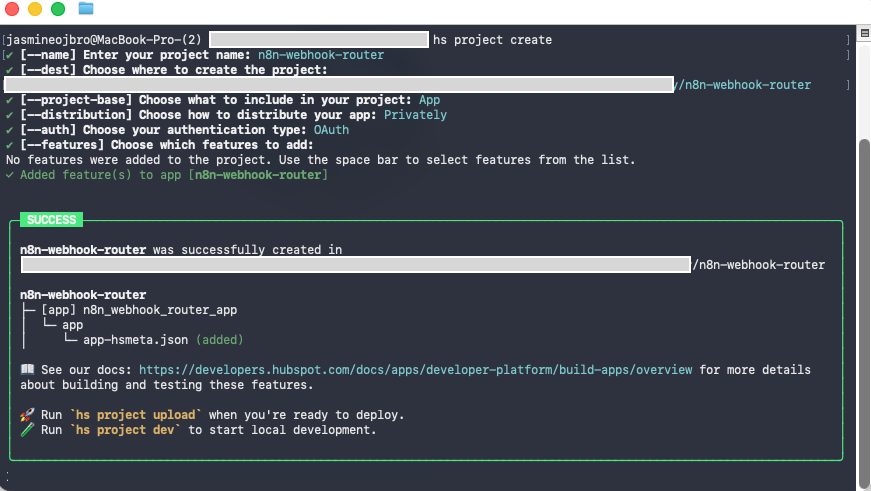 Screenshots from the terminal of the HubSpot CLI setting up a new app
