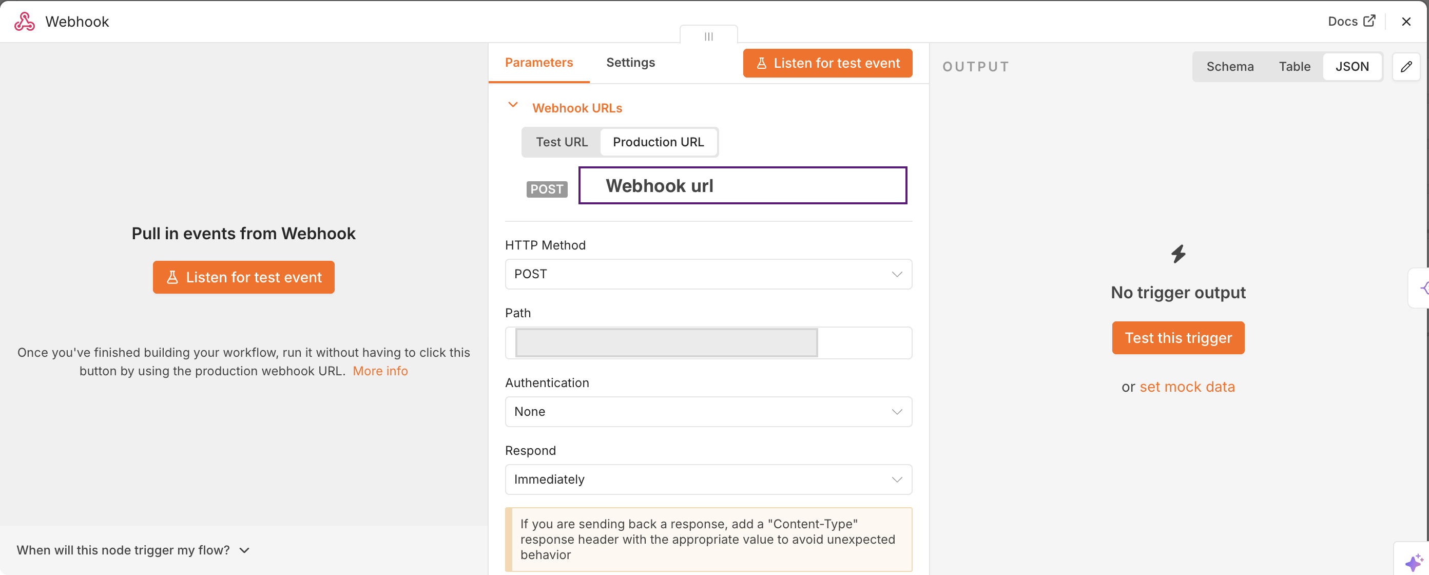 Screenshot from the n8n webhook trigger node