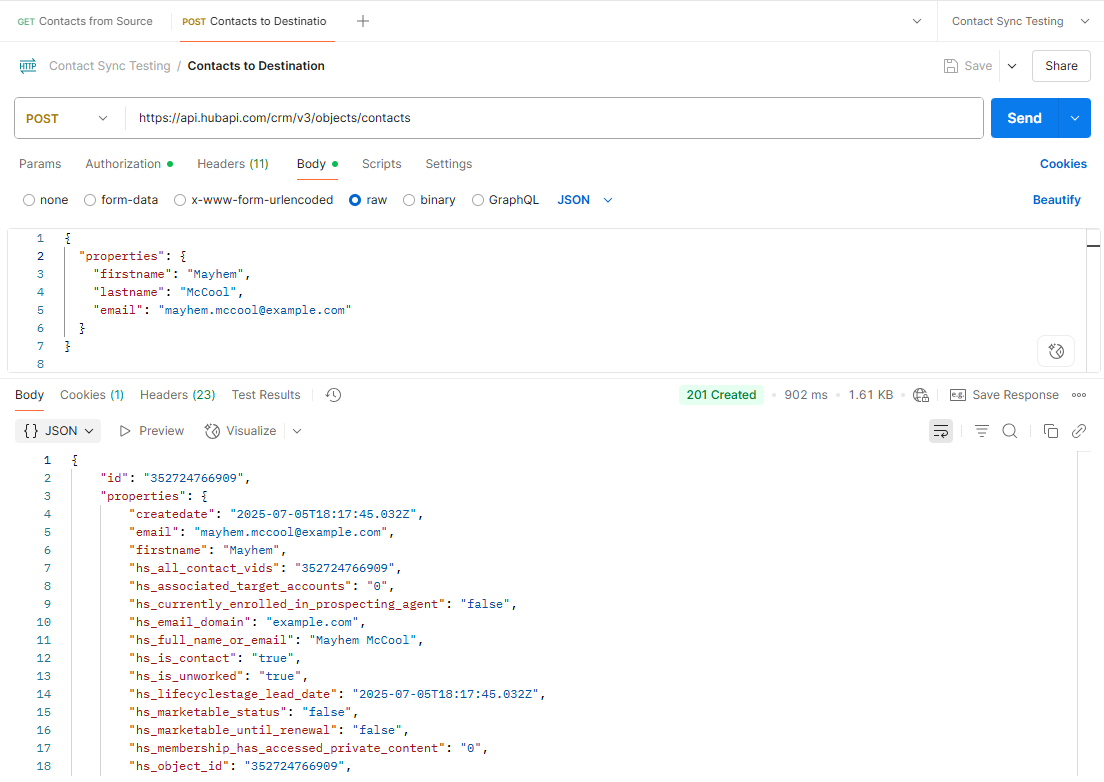 A screenshot of the POST request Body screen to add in JSON code. It also shows a sucessful POST request output.