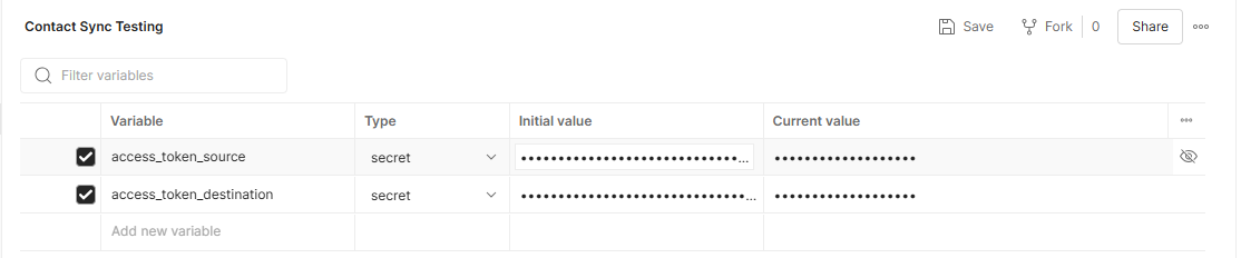 A screenshot of environment variables in Postman.