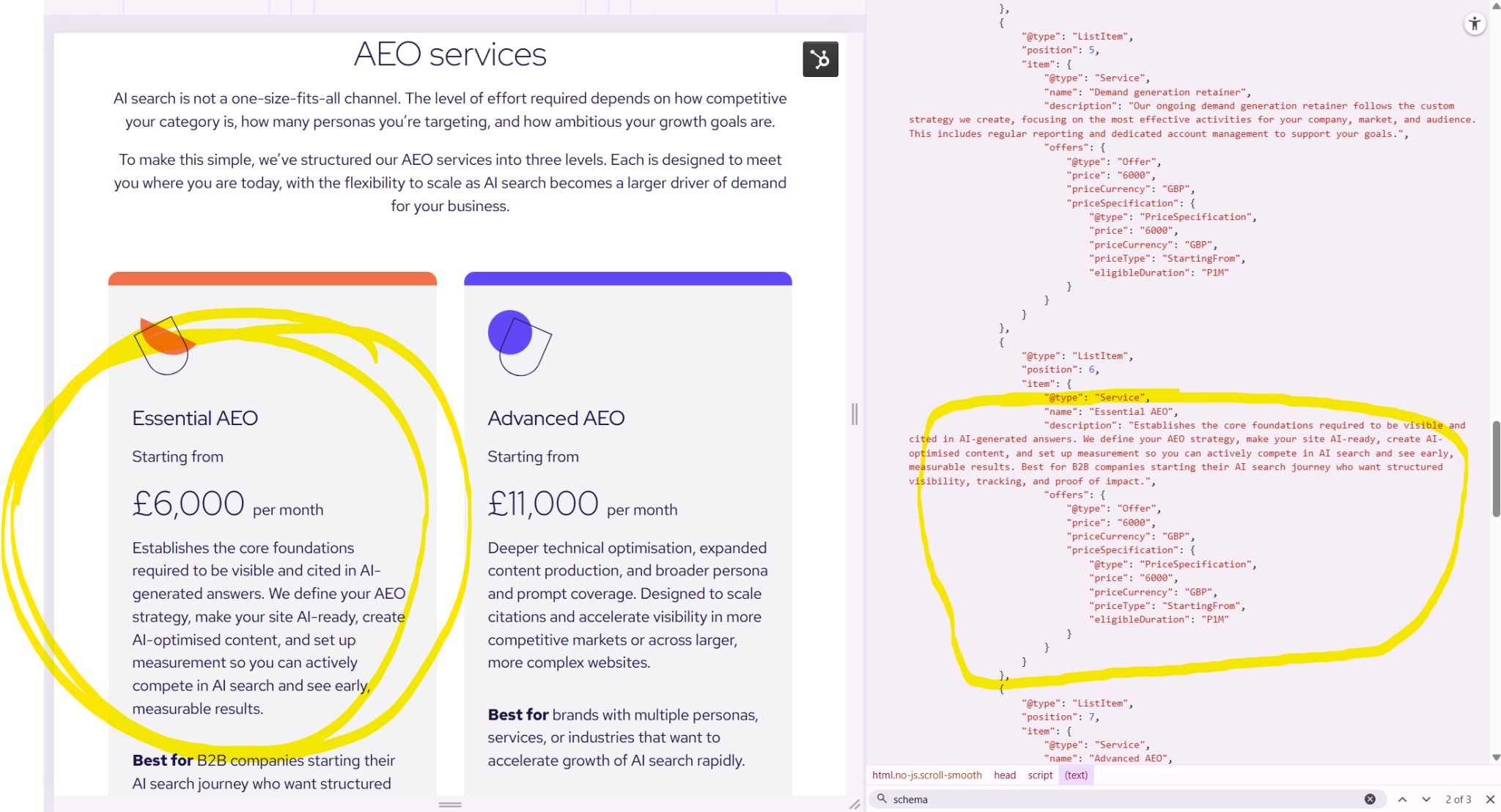 A screenshot of a website showing a pricing table next to the schema markup information showing the same details
