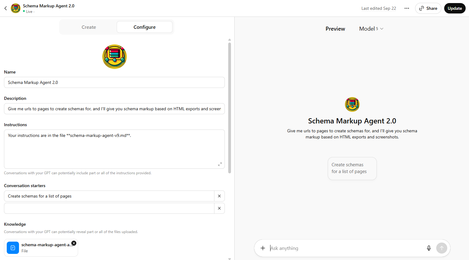 A screenshot of setting up the agent in ChatGPT