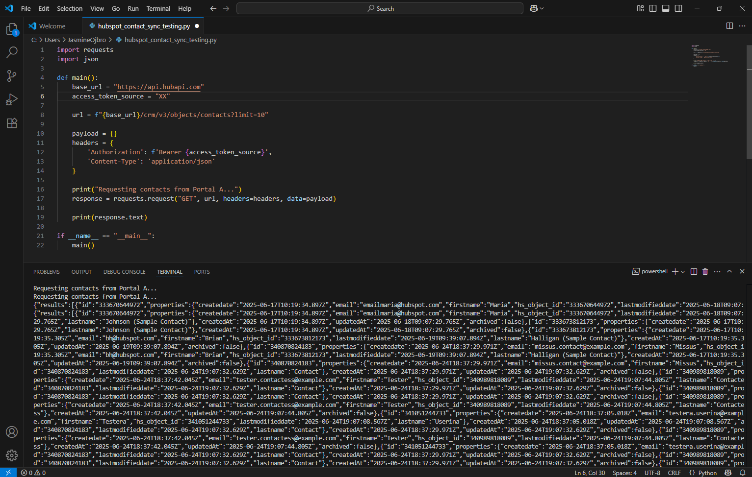 A screenshot of VS Code split screen with half showing a Python file for a GET request, and half showing a response in the terminal.