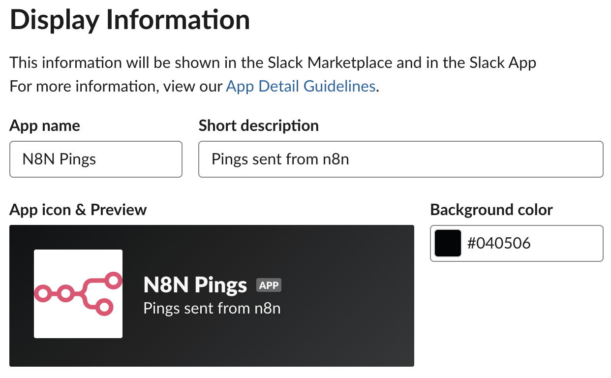 Screenshot showing the Display settings of the N8N Ping app in Slack