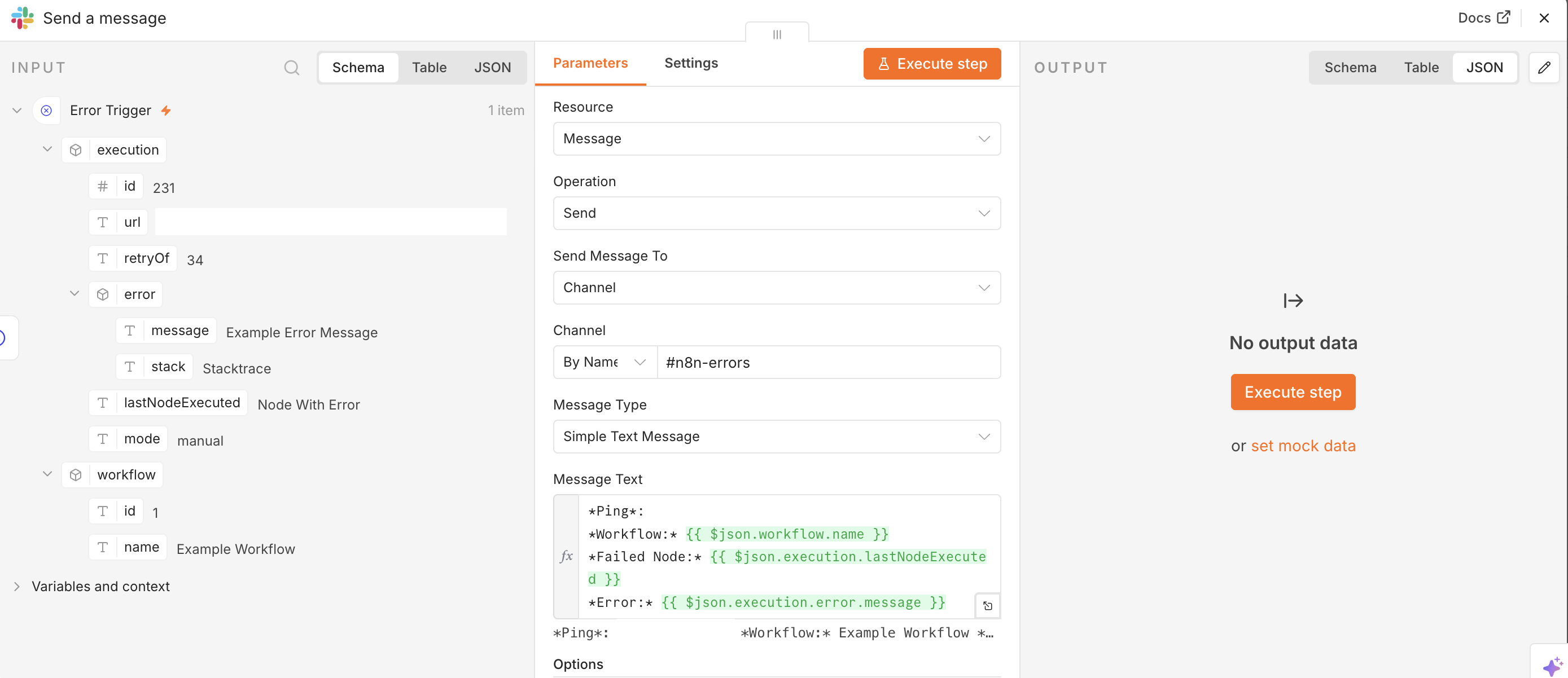 Screenshot from Slack node settings in n8n to configure it to send message when triggering on an error