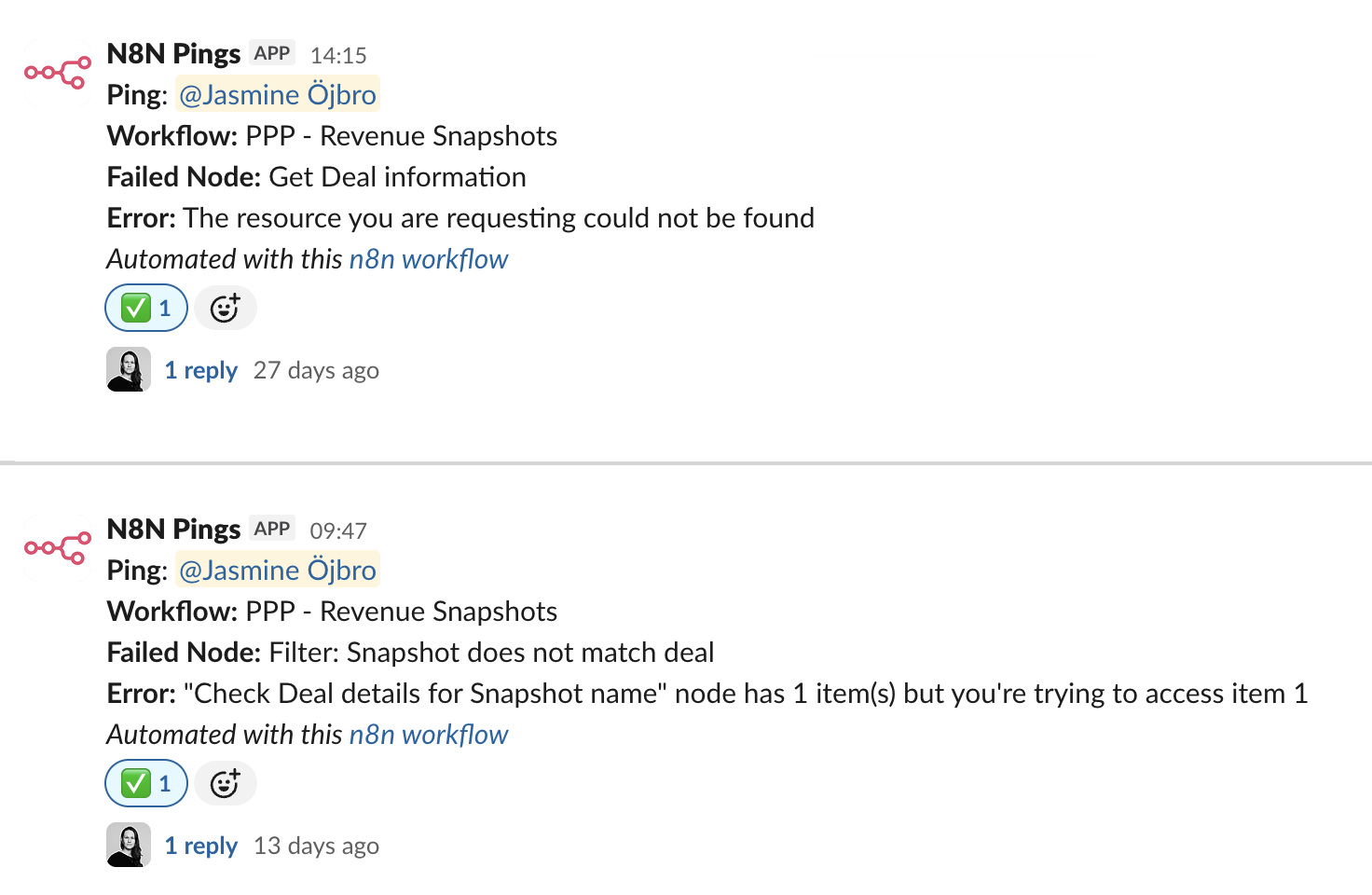 An example for an error ping in a Slack channel with context about the error