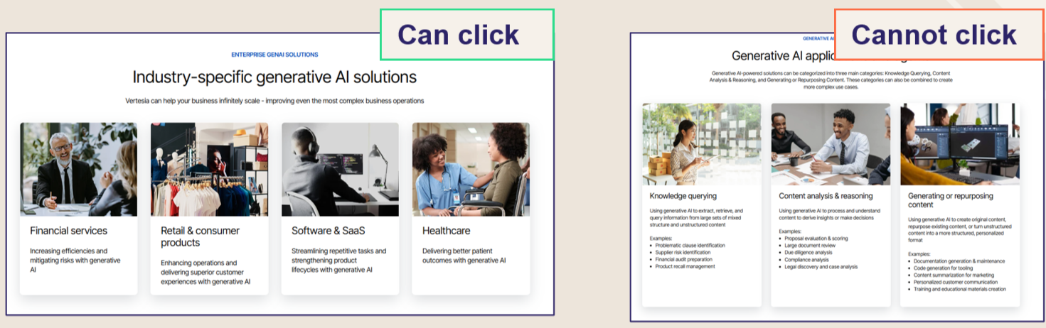 Screenshots of different button links on a website page. They all have the same visual look so look just as important.