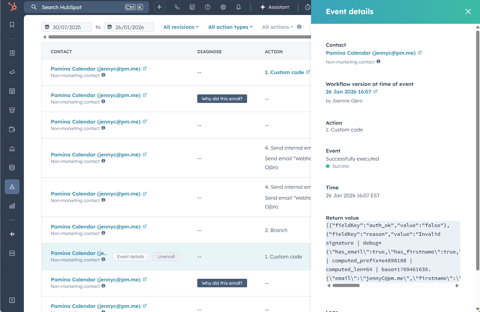A screenshot of the Event details of a workflow shows details of that webhook happening.