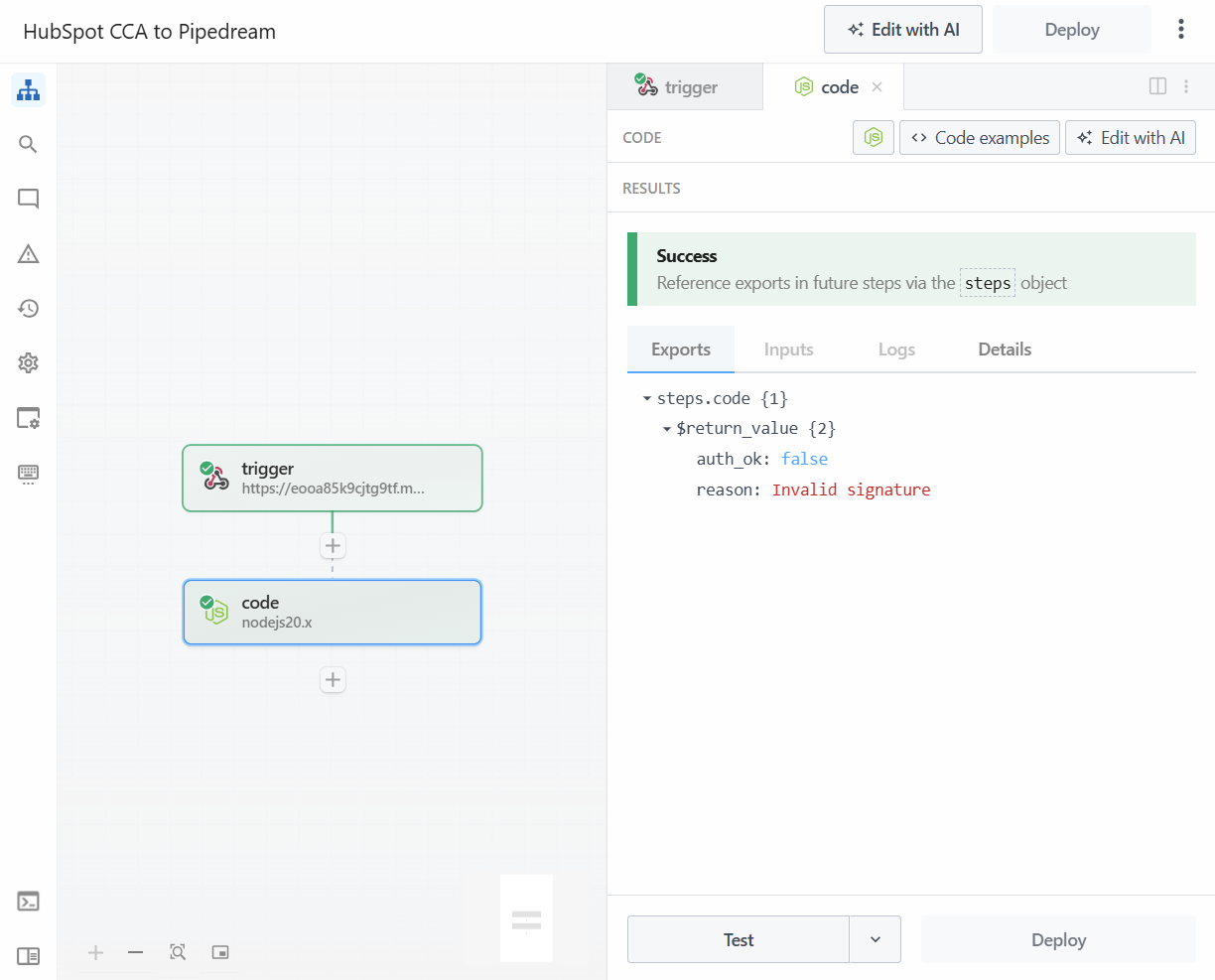 Showing a request that failed authentication, as seen in the Pipedream UI
