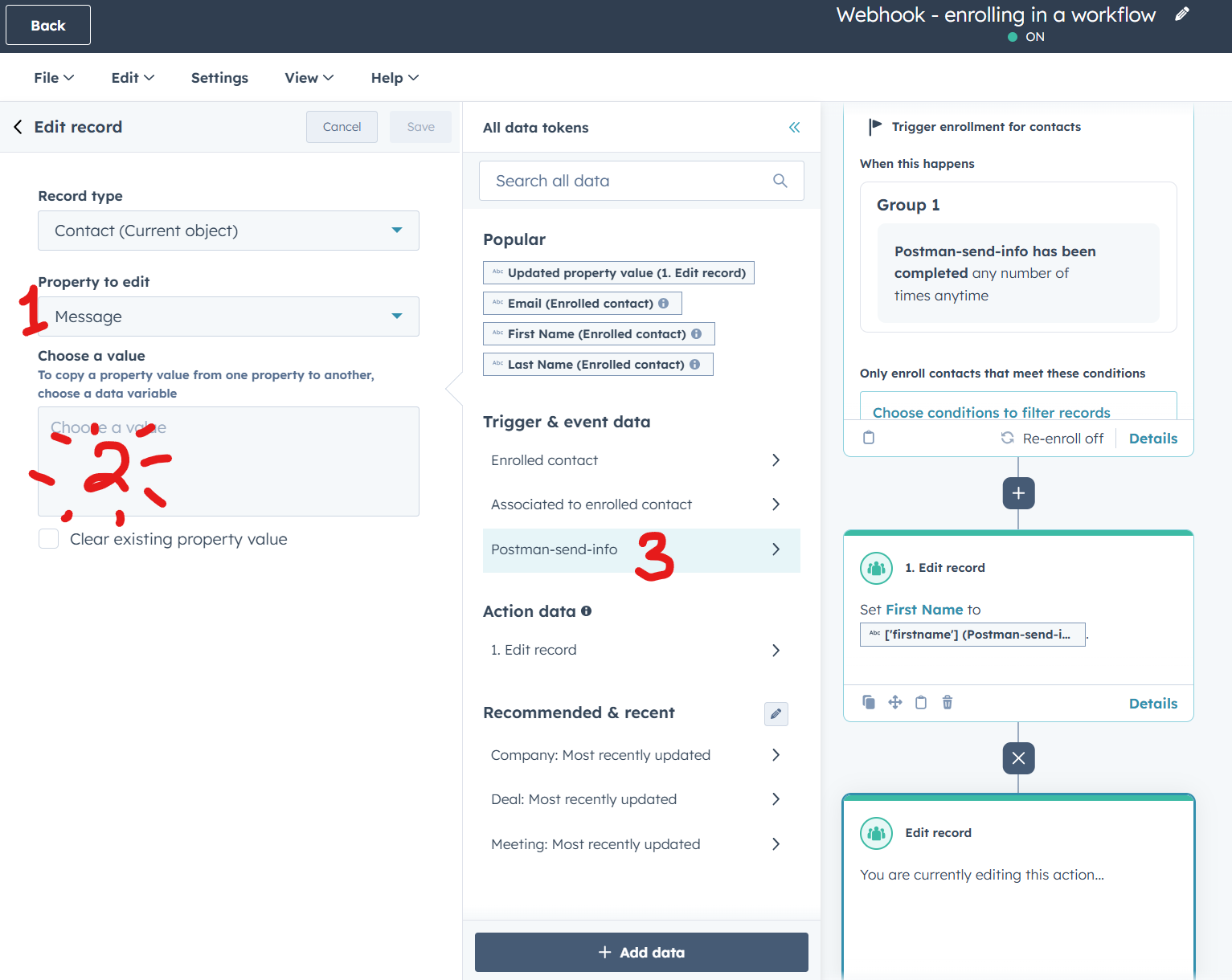 Screenshot with numbers added on top to show which order to click on UI elements to set up an edit action step.