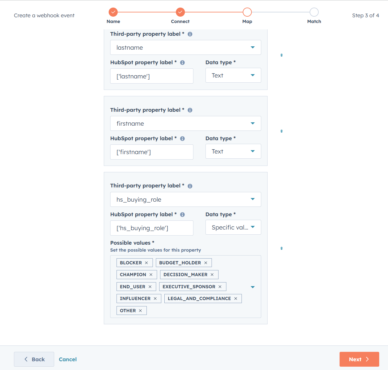 Screenshot for the data mapping step in setting up the incoming webhook data.