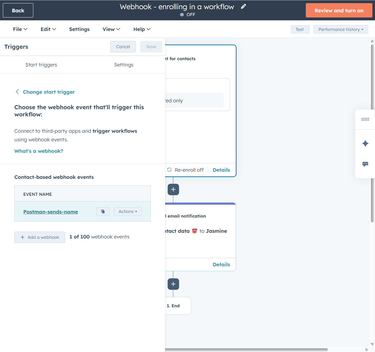Choosing trigger settings of a workflow to webhook allows you to choose between different webhook that have been set up.