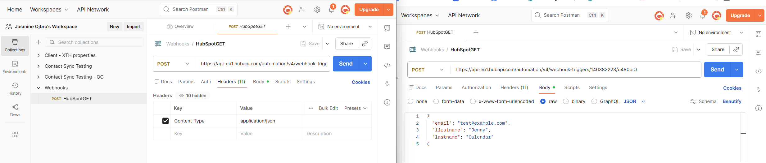 Settings in Postman for the API call.
