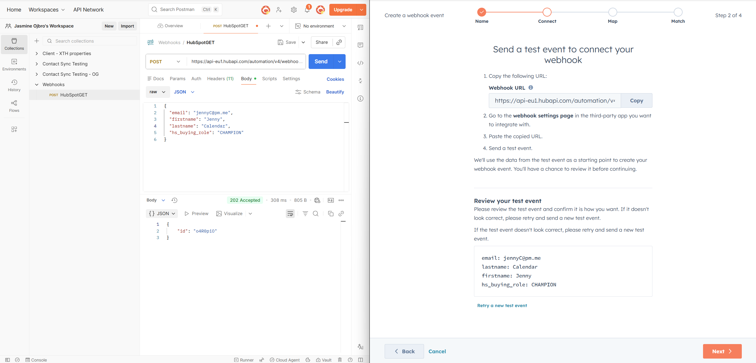 Screenshot of settings in Postman for the request body and what is seen in HubSpot when the request is seen.