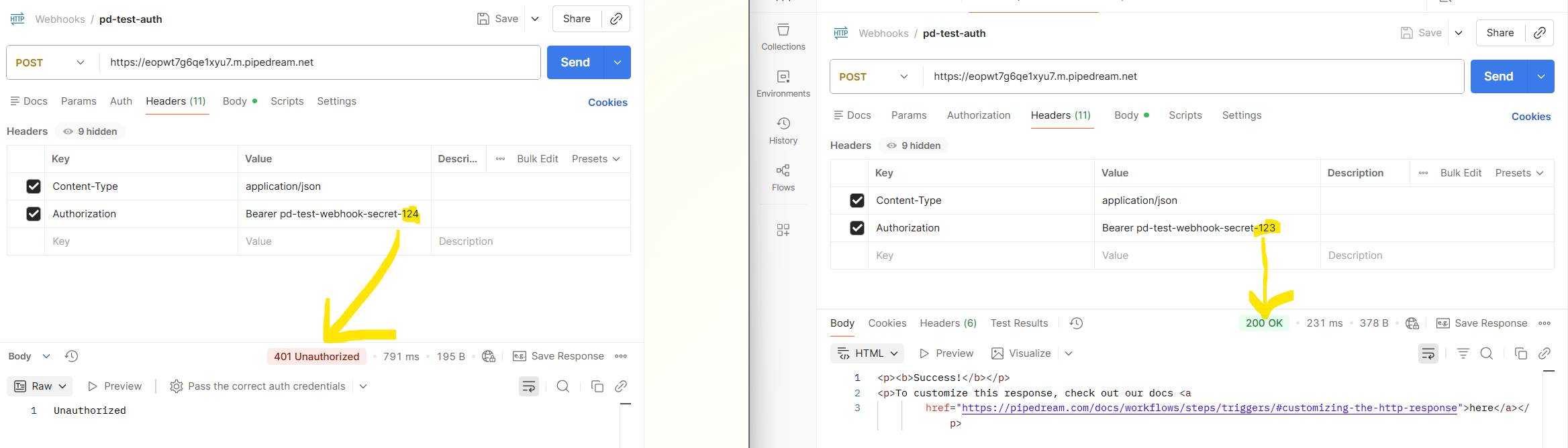 Split screen of two requests and the message in Postman for a successful and failed authorization attemp.