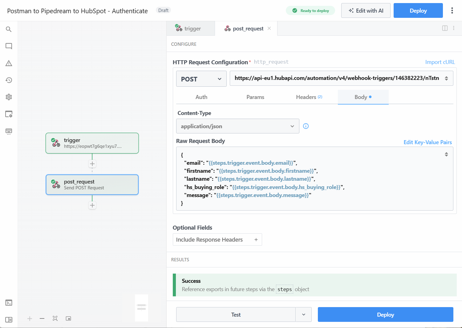 A screenshot of the POST request settings in the webhook step of Postman