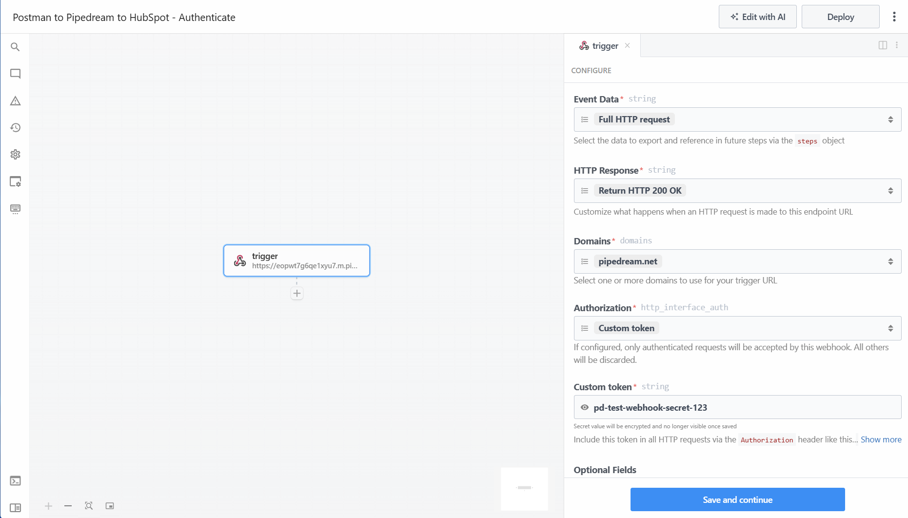 Postman UI to set up an automation triggering on a webhook.