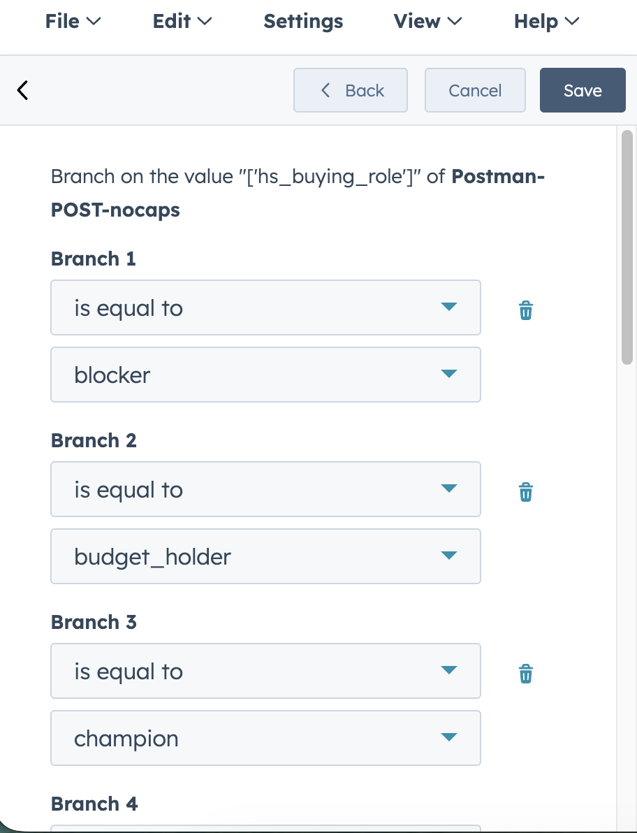 Screenshot from parts of the UI when setting up branching logic in HubSpot for an enumeration field.