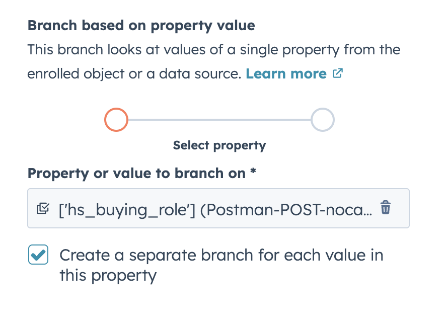 Screenshot from parts of the UI when setting up branching logic in HubSpot for an enumeration field. 