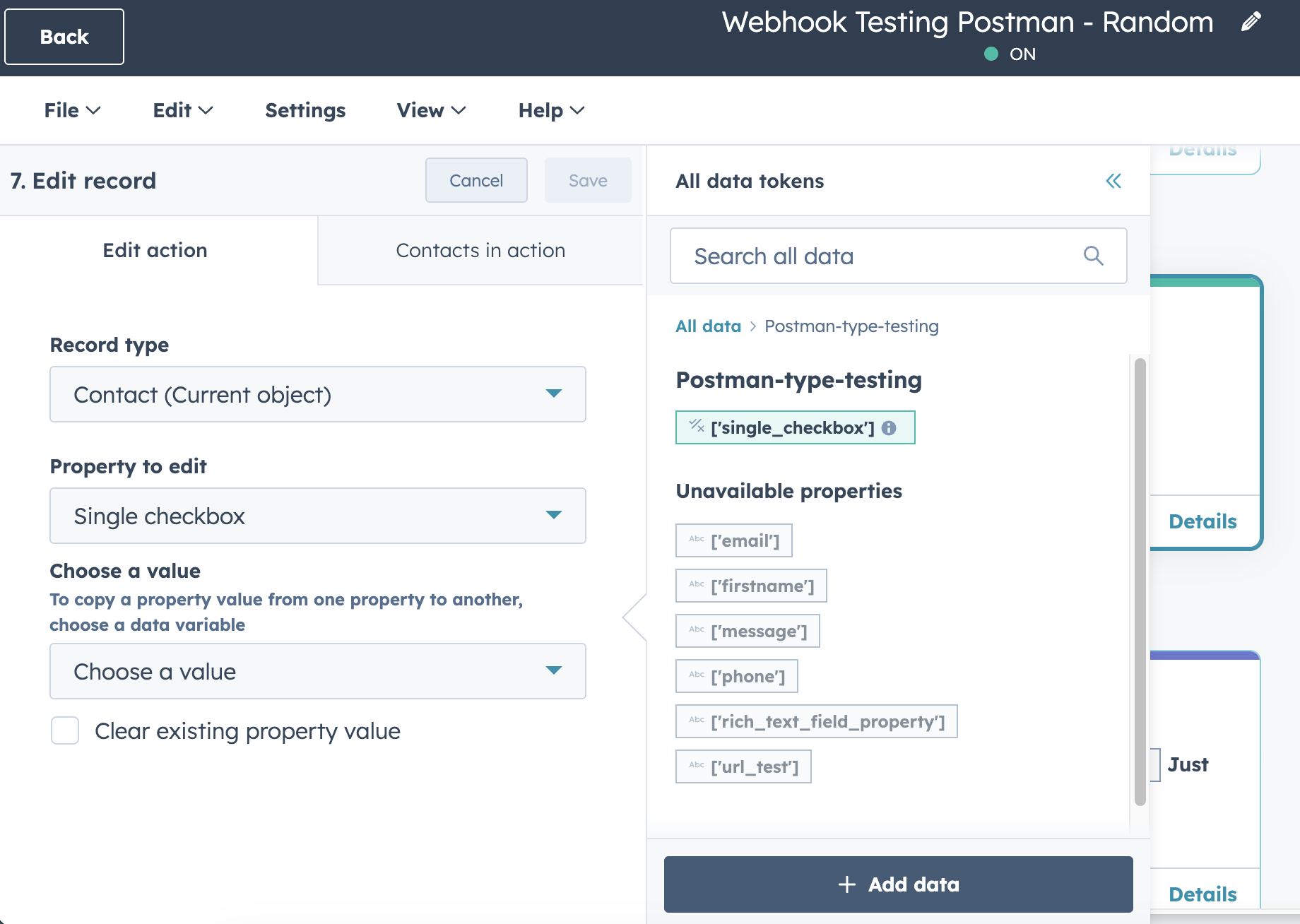 edit record action step using the boolean value sent via the webhook