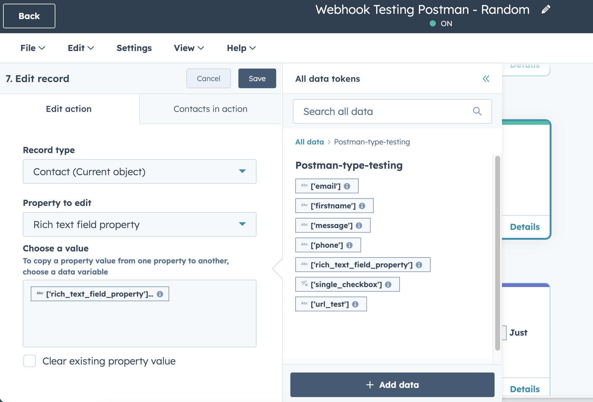 edit record action step using the text value sent via the webhook