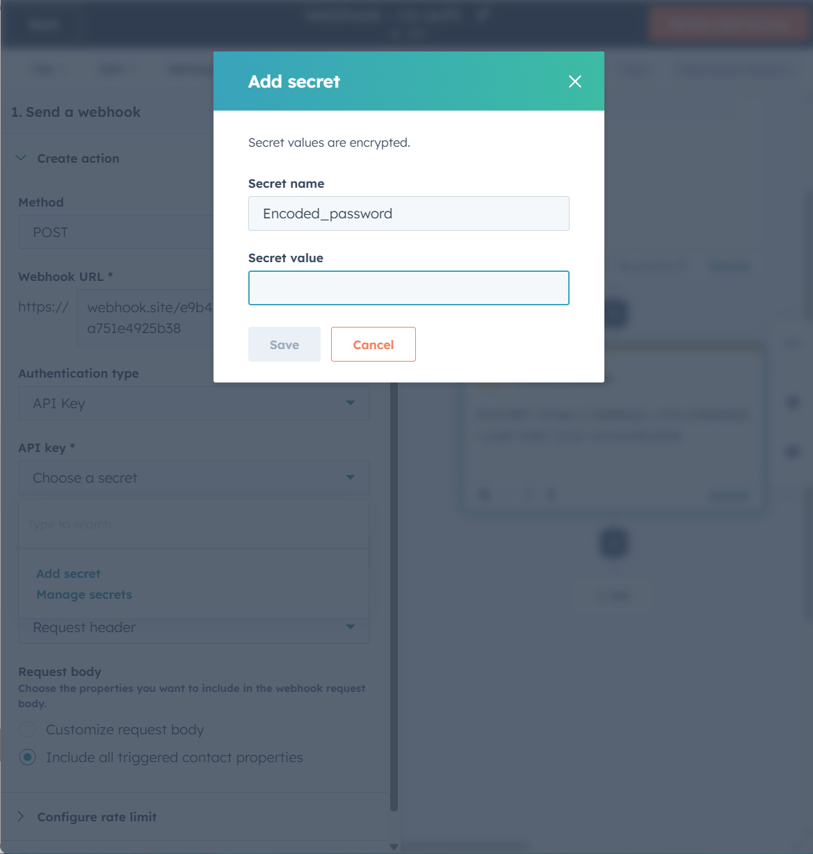 The window overlay for adding a secret name and value to the API key in HubSpot setting to use in webhook requests