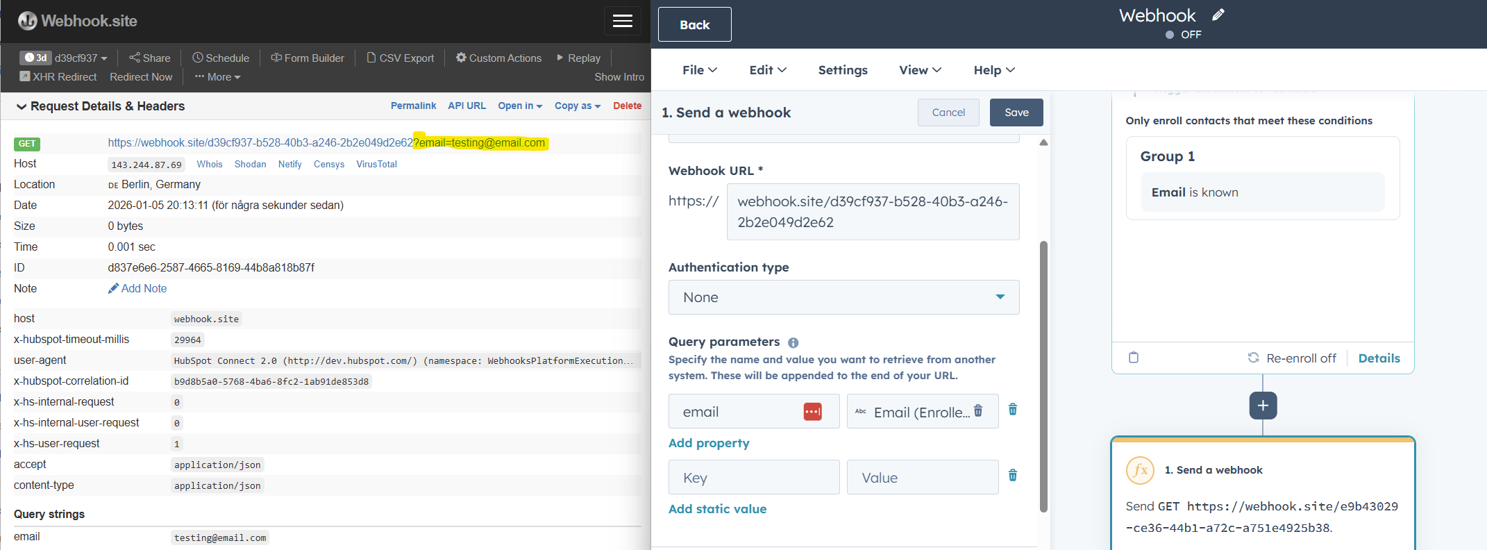 Split screen of a HubSpot workflow settings for a GET request, and what this query looks like to the recieving party.