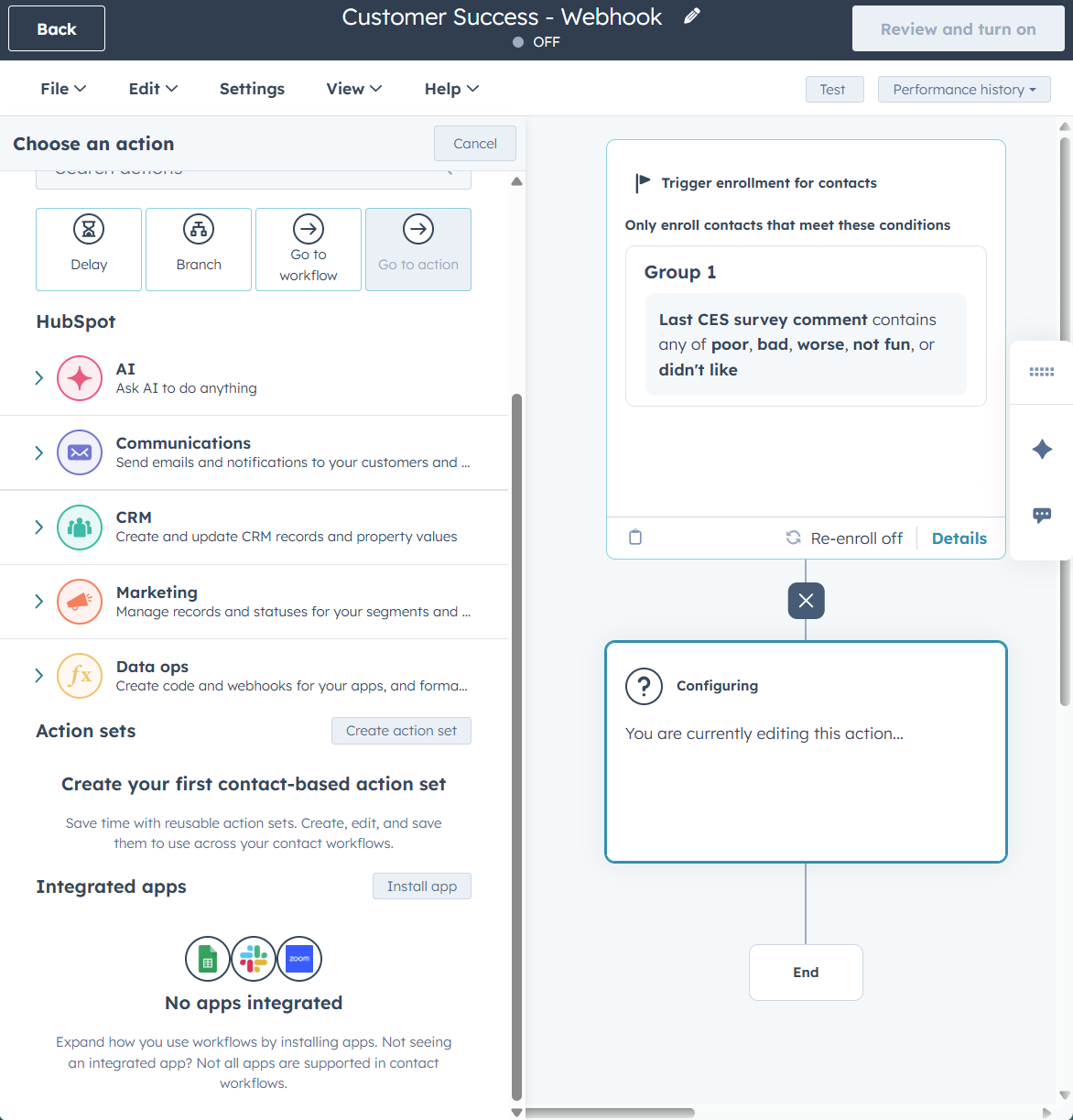 HubSpot workflow action sep - pick an app to send data to