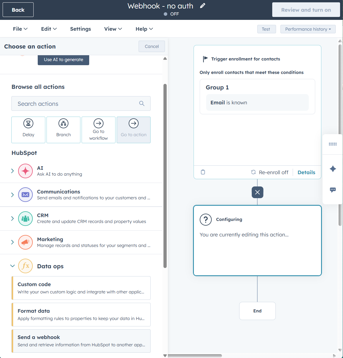 Configuring the workflow action step for sending a webhook