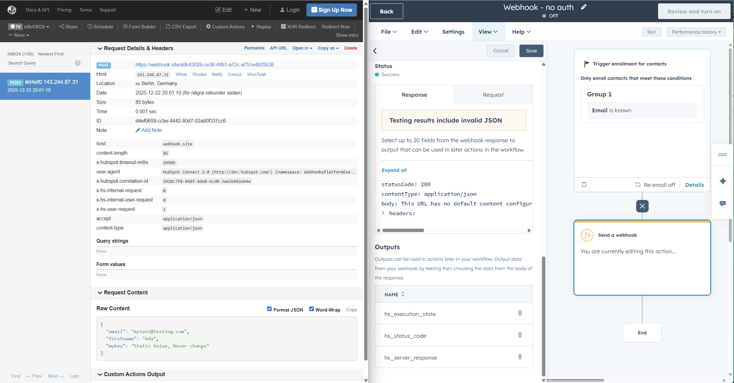 Split screen view of the recieved webhook with the data seen in HubSpot about the test send.