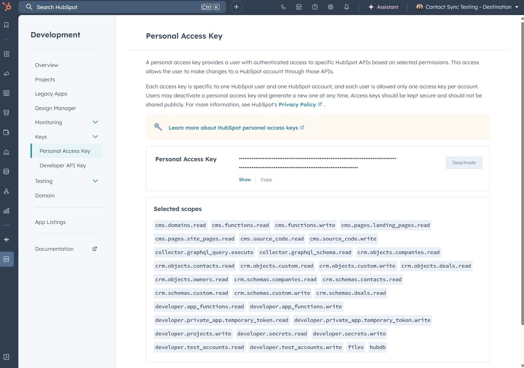 screenshot of the area in a HubSpot portal where you find the personal access key